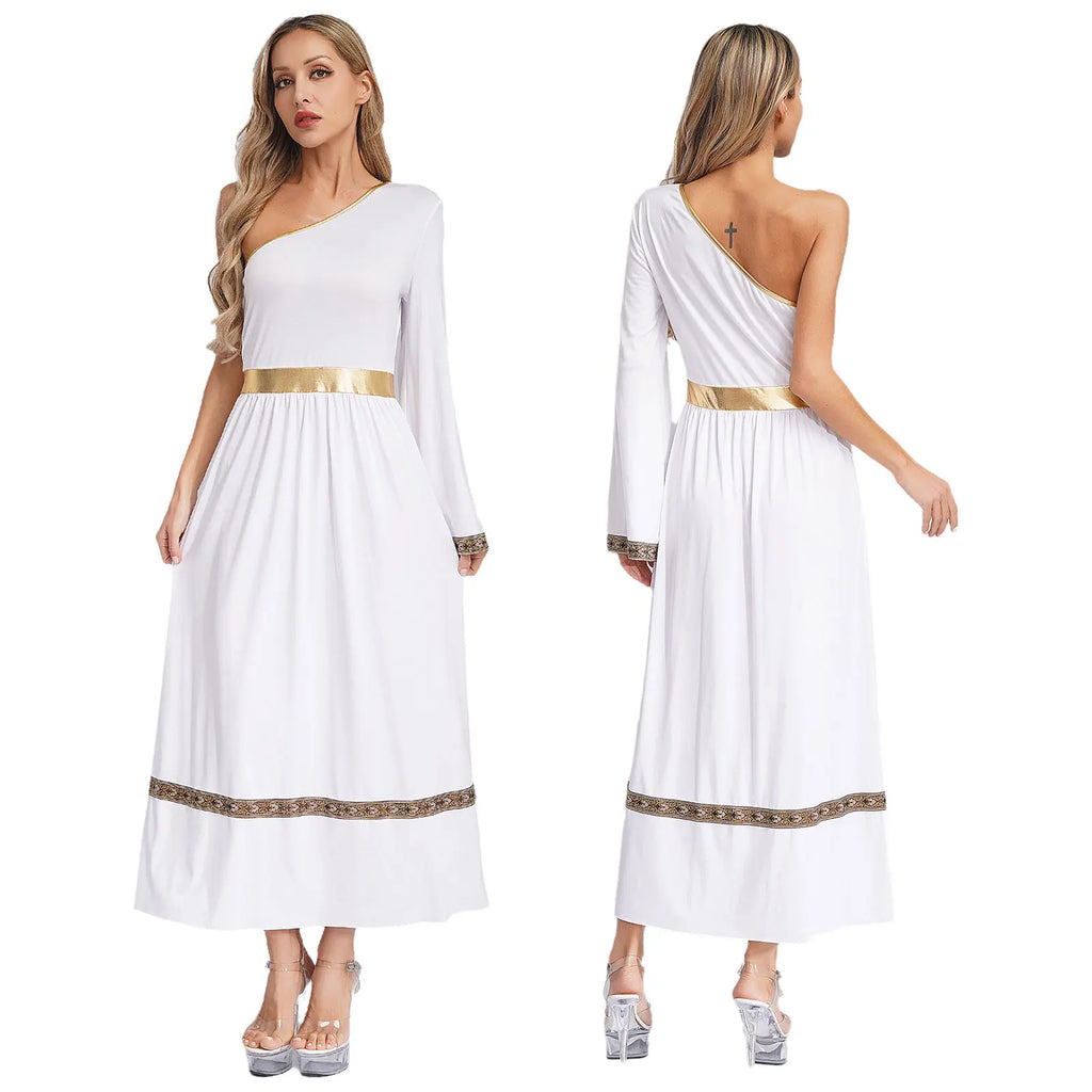 Women One Shoulder Ancient Greek Toga Robe Dress Halloween Party Roman Grecian Goddesses Princess Queen Nobility Cosplay Costume