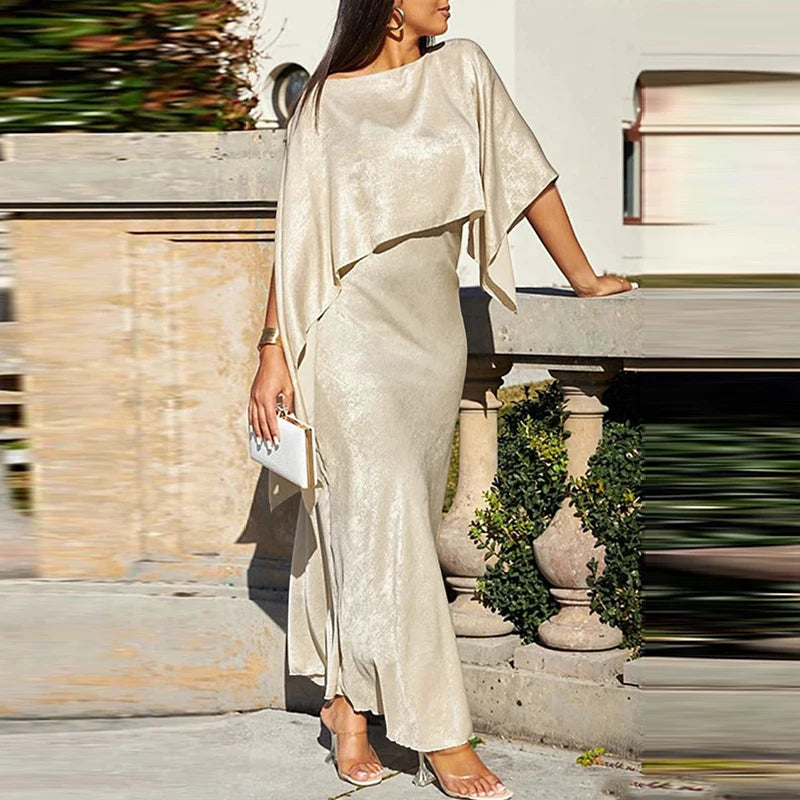 Modigirl Women Luxury Evening Prom Maxi Dress 2025 Summer Elegant Shiny Cape Asymmterical Batwing Sleeves Long Dresses Autumn