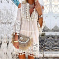 Women Mini Dress V Neck Full Sleeve Short Dress Lace Tassel Bohemian Style Loose Casual Plus Maxi Size Party Night Summer 2024