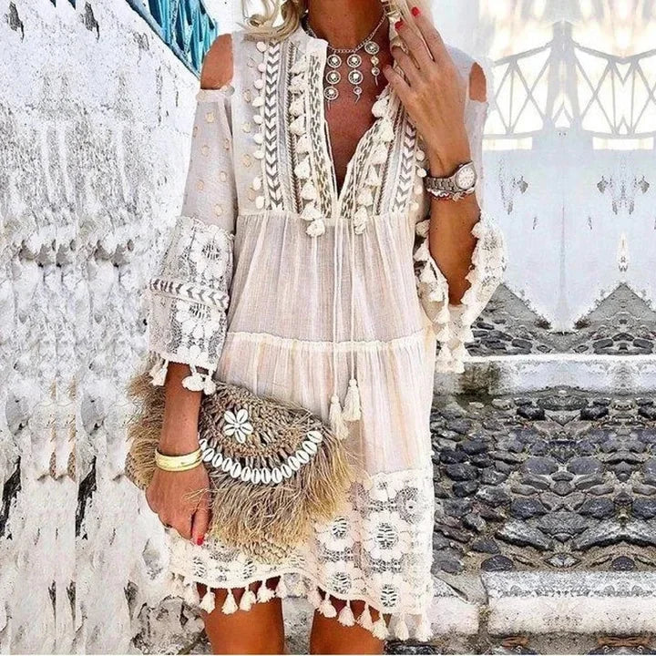 Women Mini Dress V Neck Full Sleeve Short Dress Lace Tassel Bohemian Style Loose Casual Plus Maxi Size Party Night Summer 2024