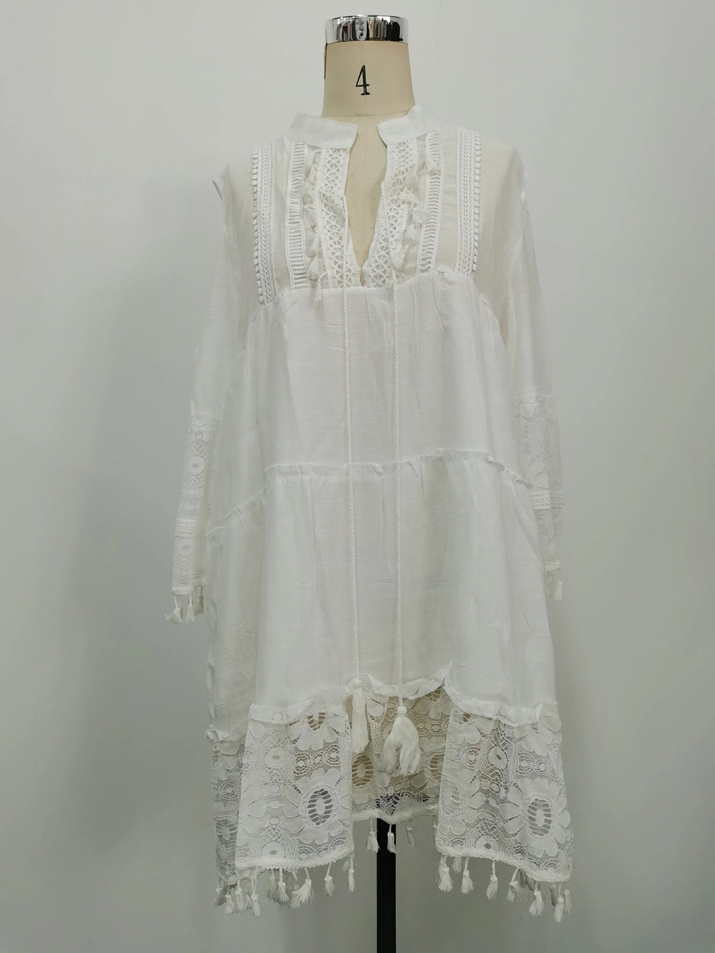 Women Mini Dress V Neck Full Sleeve Short Dress Lace Tassel Bohemian Style Loose Casual Plus Maxi Size Party Night Summer 2024
