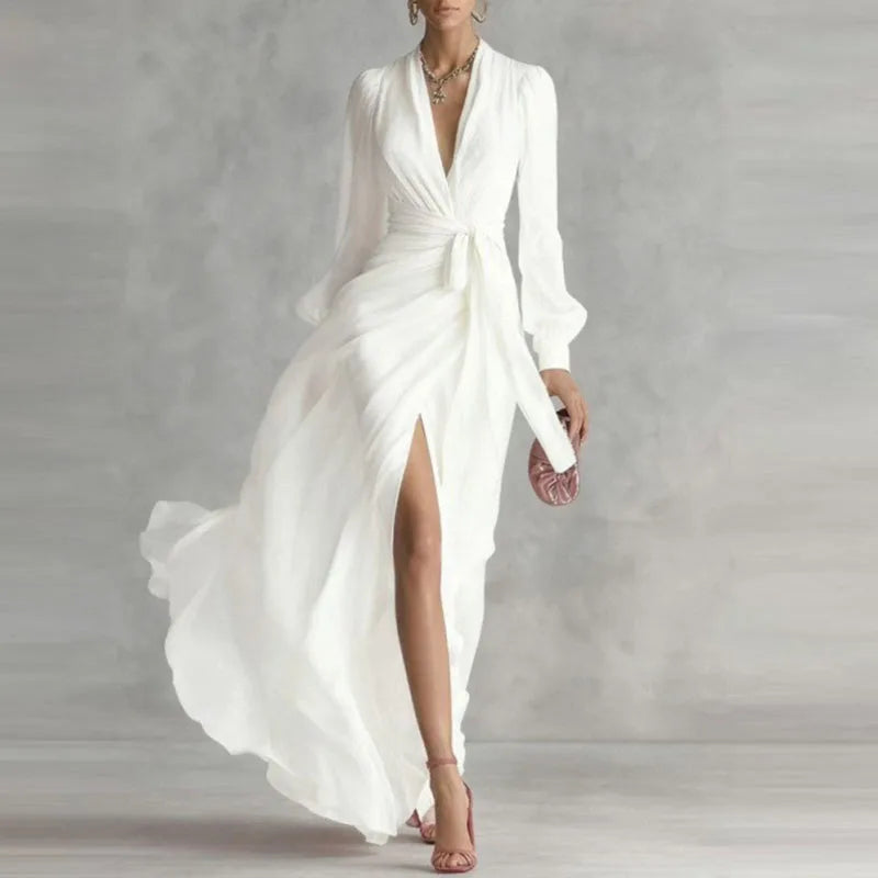Bohemian Vacation Summer Maxi Dress Woman Sexy Deep V Neck Puff Sleeve Long Dress Spring Solid Lace-up High Slit Evening Dresses