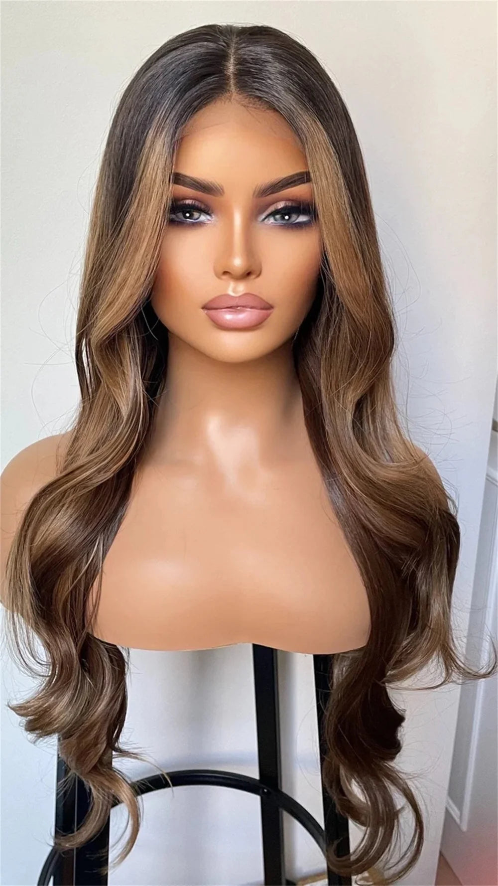 Fashion Lace Front Wig 13x4 Dark Brown Blonde Highlights Glueless Transparent Synthetic Wig for Women 2026 Style Long Loose Wavy
