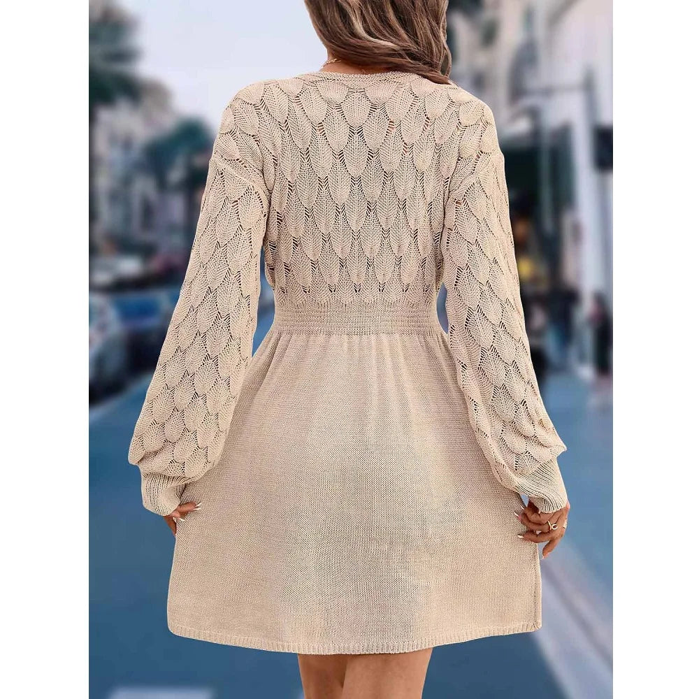 Women Autumn Winter Sweater Dresses V-neck 3D Crochet Knitted Long Pullovers Sweaters Dress