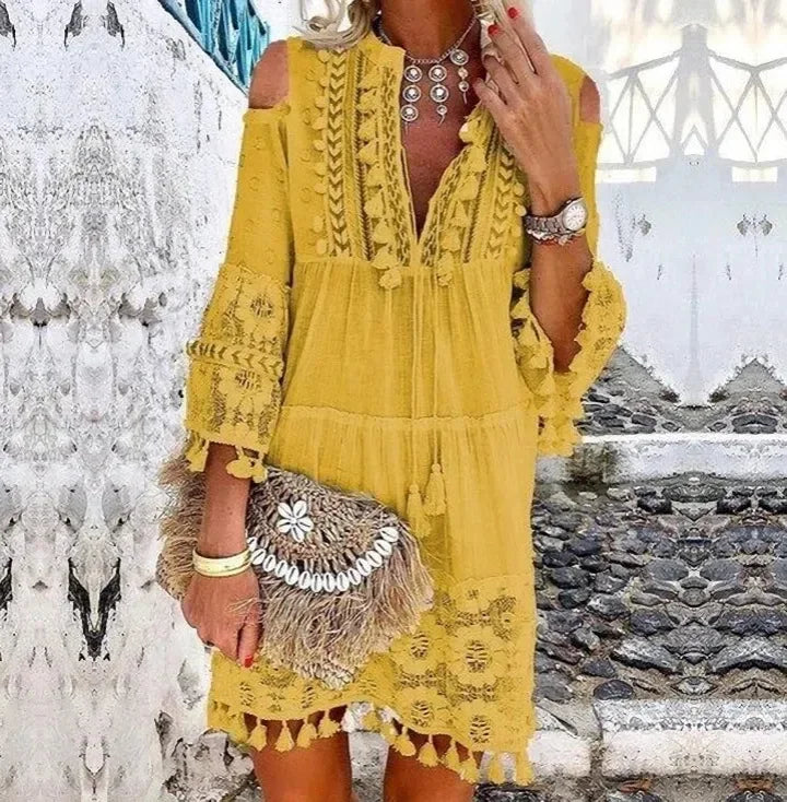 Women Mini Dress V Neck Full Sleeve Short Dress Lace Tassel Bohemian Style Loose Casual Plus Maxi Size Party Night Summer 2024