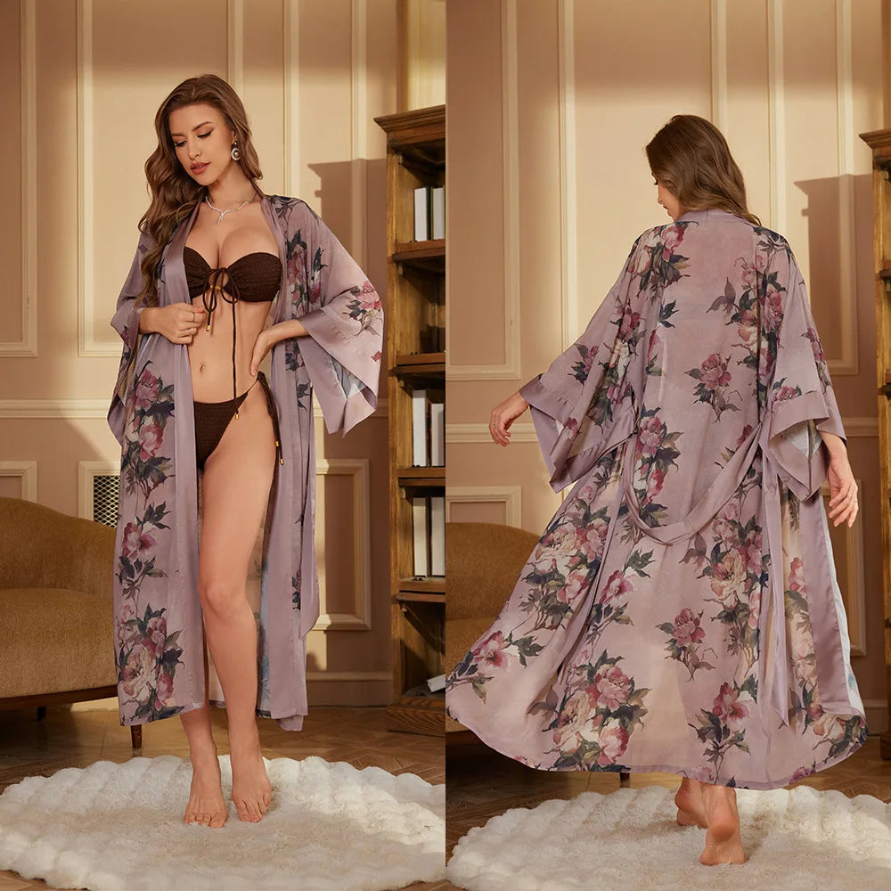 New Pajamas Comfortable Single Robe Long-Sleeved Robe Bathrobe Women's High-Grade Satin Ice Silk Nightgown