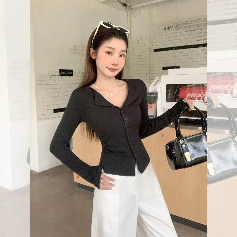 POLO Collar Long-sleeved T-shirt Button Cardigan for Women Korean Autumn Winter Wear Smocked Slim-fitting Bottoming Top