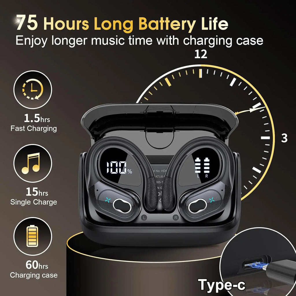 Wireless Earbuds 5.4 Bluetooth Headphones Sports Ear Buds with Earhooks 75H Playtime Wireless Headphones for Workout Waterproof