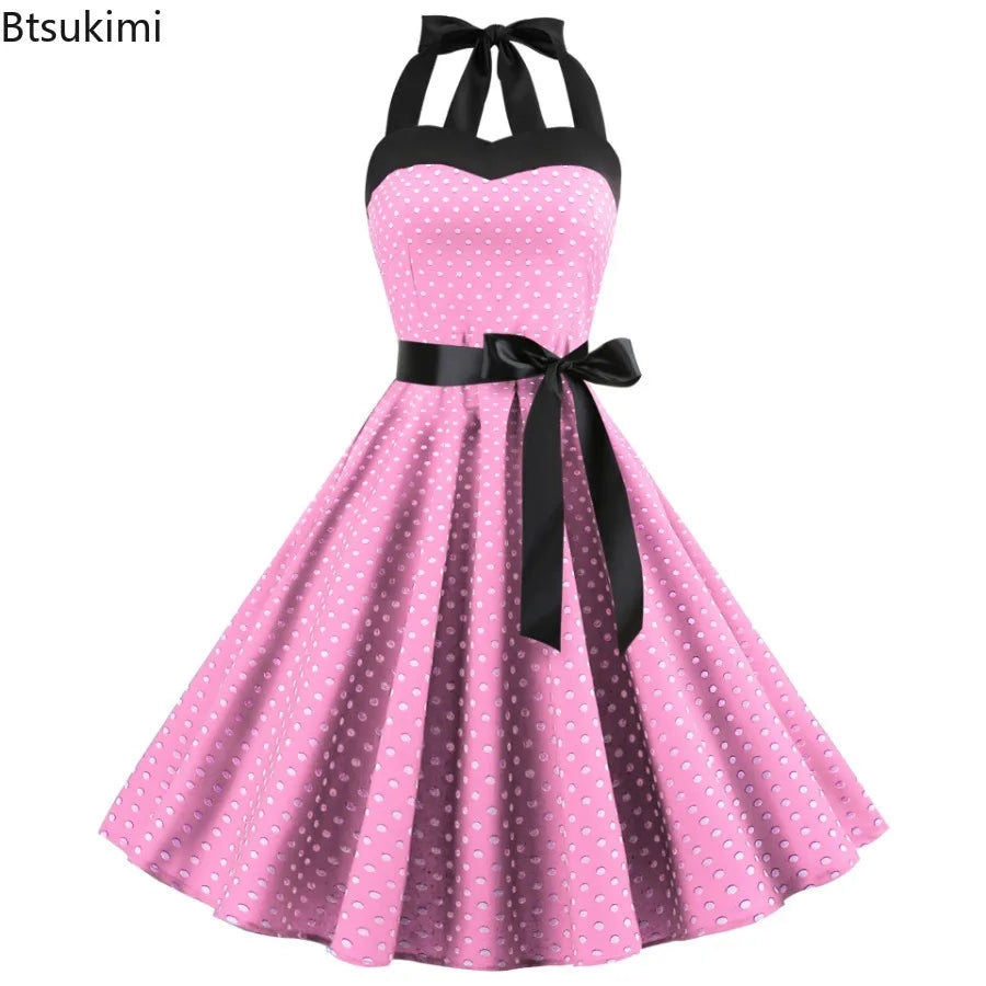 New Women's Polka Dot Print Summer Dress 50s 60s Pin Up Sexy Retro Hepburn Halter Dress Robe Femme Pin Up Rockabilly Party Dress