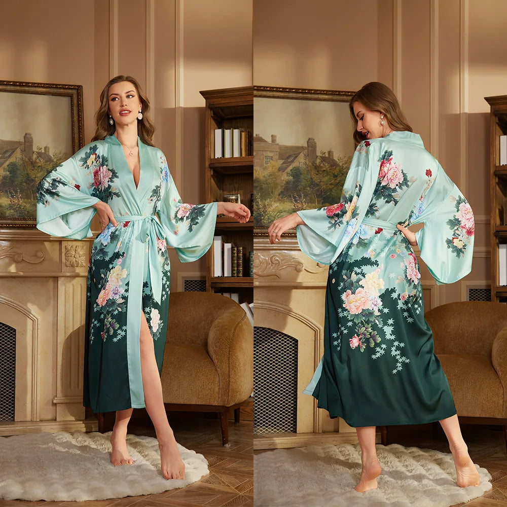 New Pajamas Comfortable Single Robe Long-Sleeved Robe Bathrobe Women's High-Grade Satin Ice Silk Nightgown