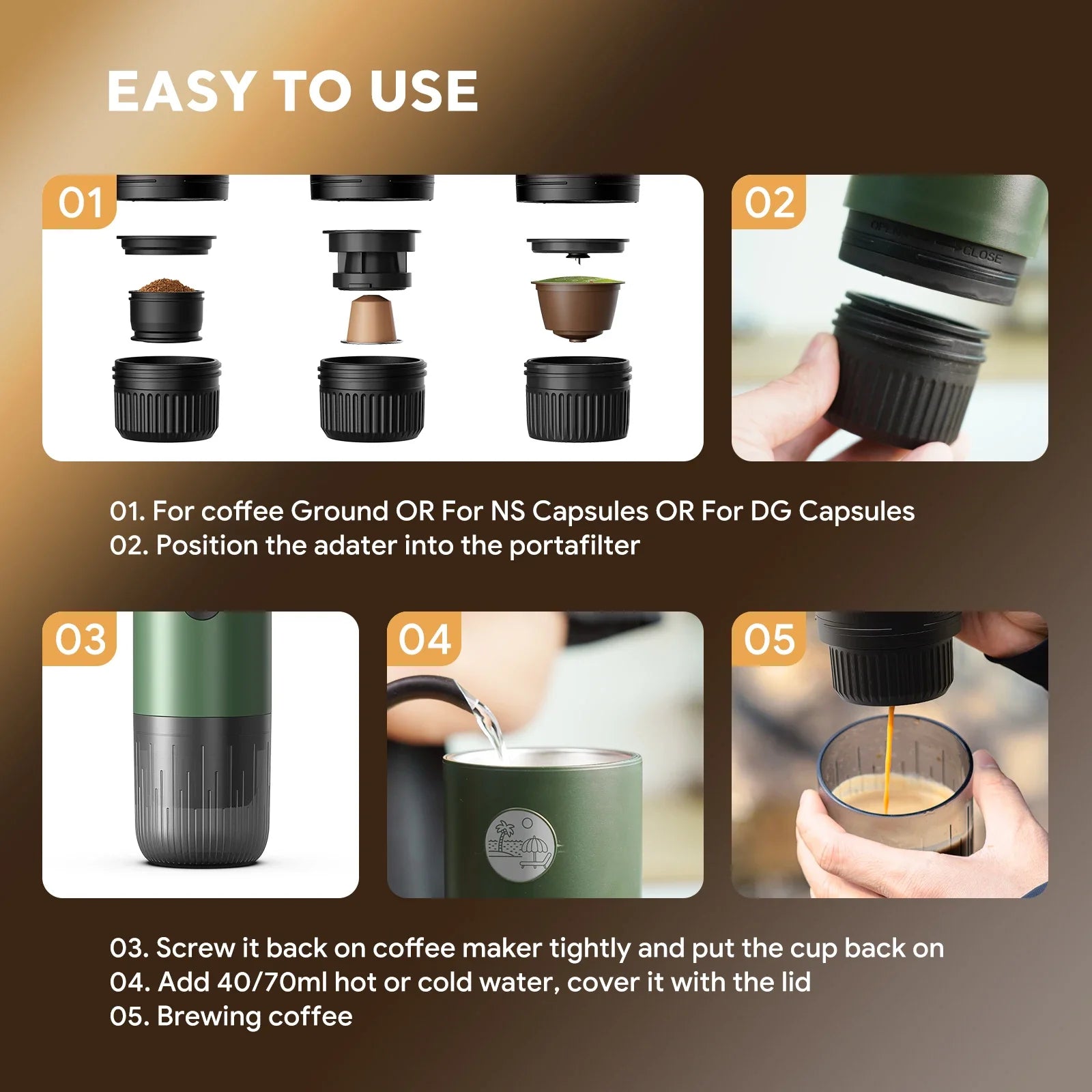 Portable 3-in-1 Espresso Machine, 200s Electric Heating, 30s Extraction, Makes 3-5 Cups, Travel Suitable