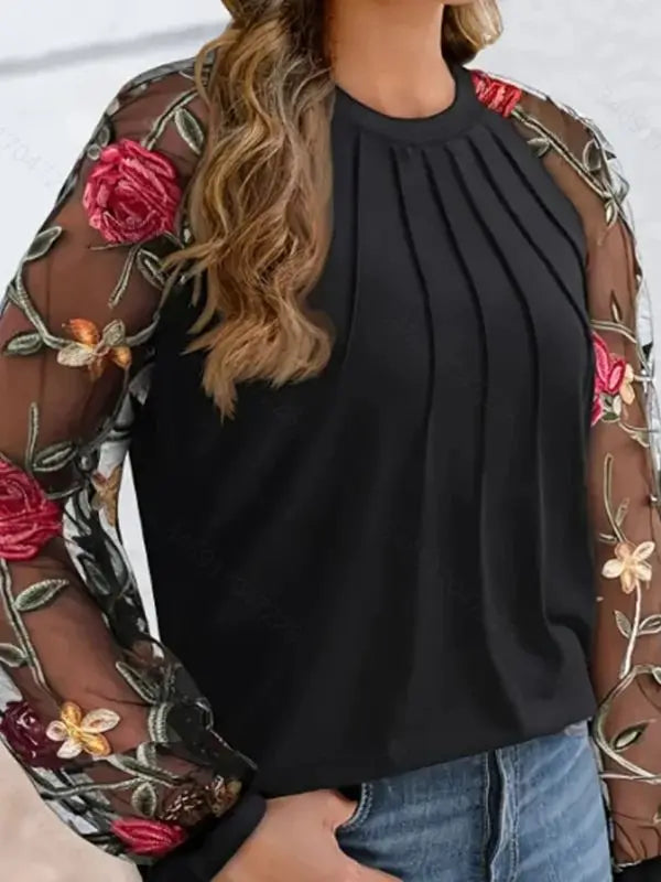 Elegant Floral Blouse] Long Sleeve Elegant Floral Print Chiffon Blouse with Lace Detail | Perfect for Spring/Summer | Floral Pri