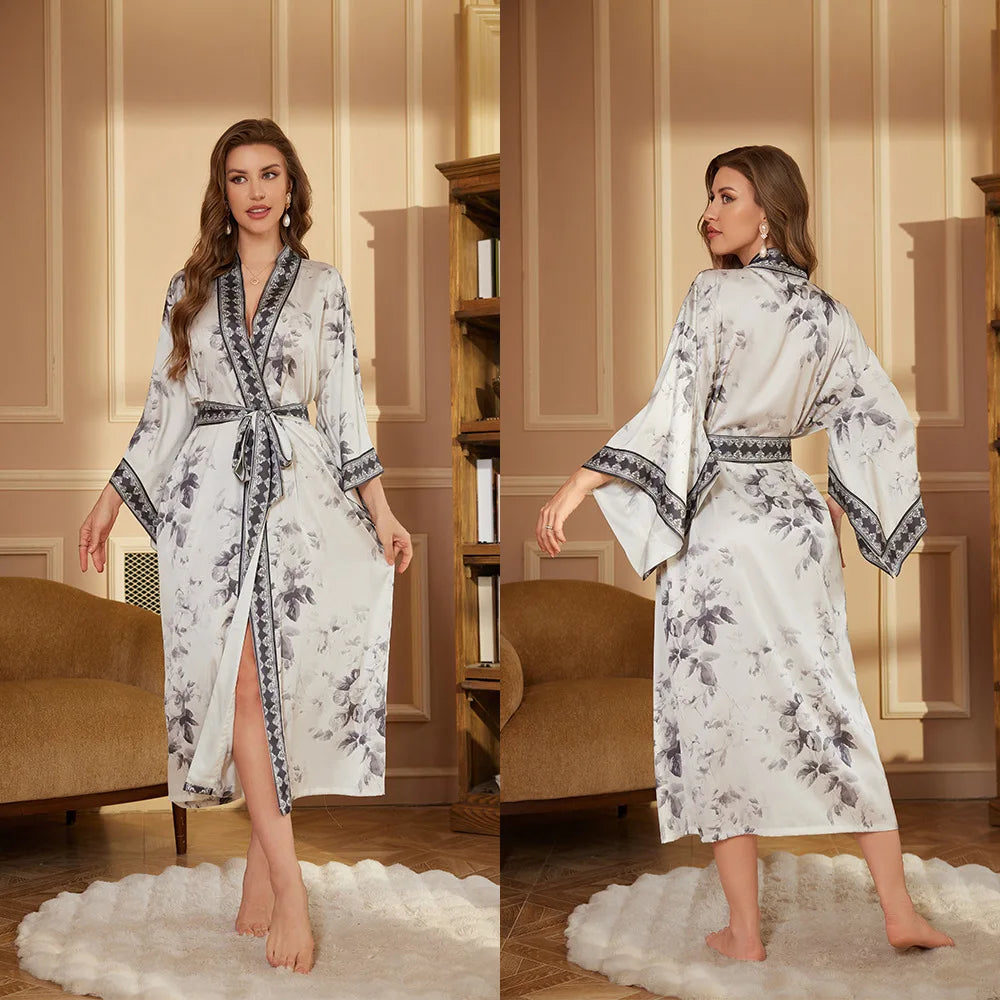 New Pajamas Comfortable Single Robe Long-Sleeved Robe Bathrobe Women's High-Grade Satin Ice Silk Nightgown