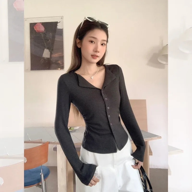 POLO Collar Long-sleeved T-shirt Button Cardigan for Women Korean Autumn Winter Wear Smocked Slim-fitting Bottoming Top