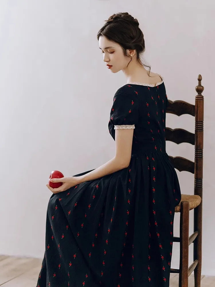 84-96cm Bust Summer Maxi Dresses For Women Vintage Elegant Slim Floral Dresses Comfortable And Soft 100%Cotton Long Black Dress
