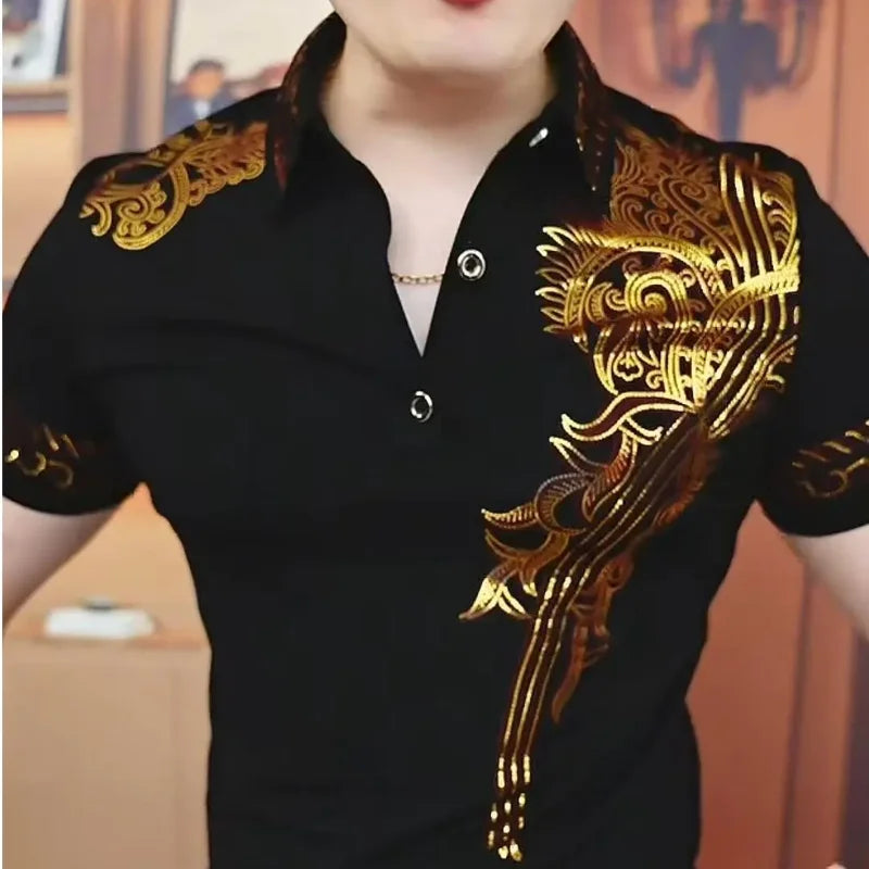 Men's Black Polo Shirt Short Sleeve Gold Paisley Embroidery Slim Fit Casual Top