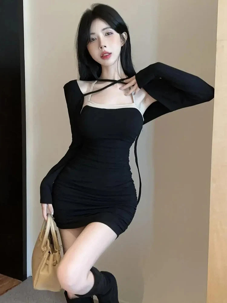 Mini Dress Vestidos De Mujer Elegantes Sexy Suspender Dress Bodycon Black Robe Tunic Design Chic All-match Simple