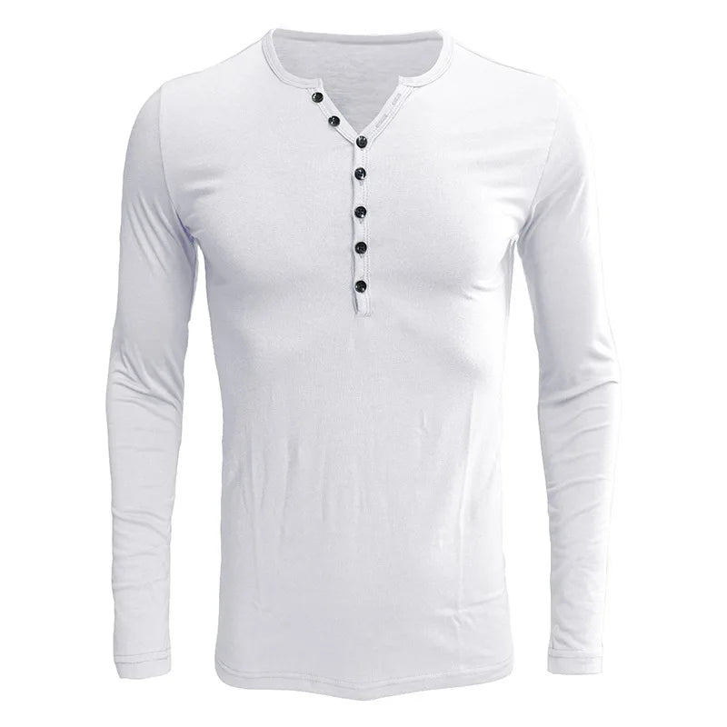 Men's POLO Shirt Casual Light Solid Color Button V-neck Slim-Fit Home Comfortable Long-Sleeved Pullover Base Tops
