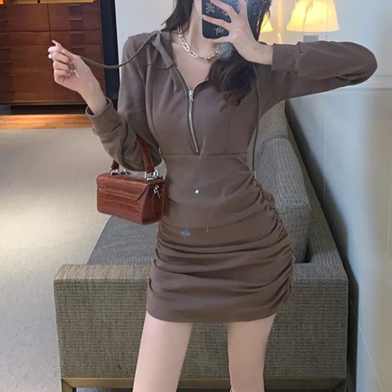 Bodycon Dress Women's Spring Autumn New Collection Elegant Grey Black Waist Slimming Long Sleeve Dress