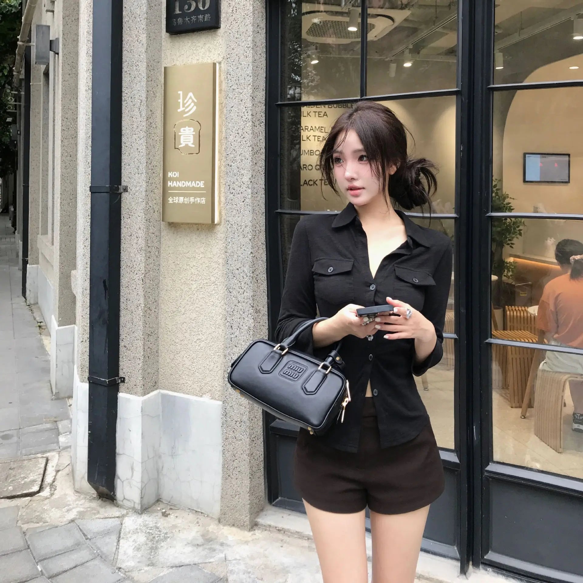 POLO Neck Long-sleeved Shirt for Women in Autumn New Waist-hugging Slim American Sweet and Spicy Top