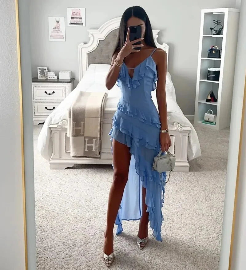 Holiday Maxi Midi Ruffles Beach Dress 2024 New Fashion Solid Color A-line Midi Dress Summer Sexy Strap Irregular Dress