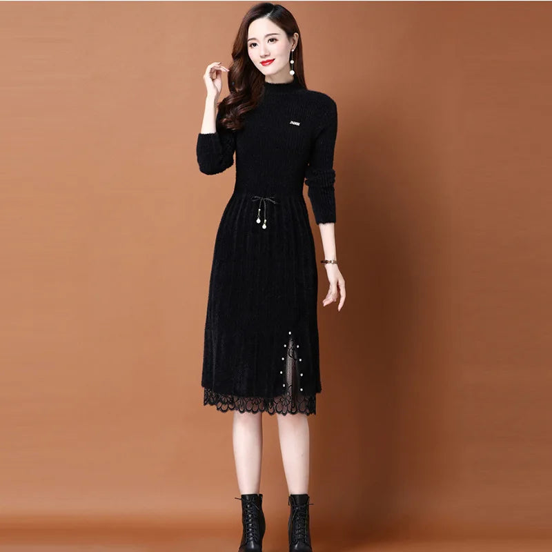 Knitted Dress Women's New Autumn Winter Style Temperament Knitted Over-the-knee Sweater Dress with Coat Trend
