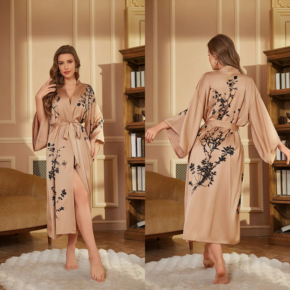 New Pajamas Comfortable Single Robe Long-Sleeved Robe Bathrobe Women's High-Grade Satin Ice Silk Nightgown