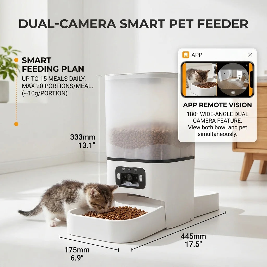 6L Smart Pet Feeder with 180° Dual Camera, WiFi App Control, Dual Bowl Automatic Cat Dog Feeder Schedule Meals & Video Monitor