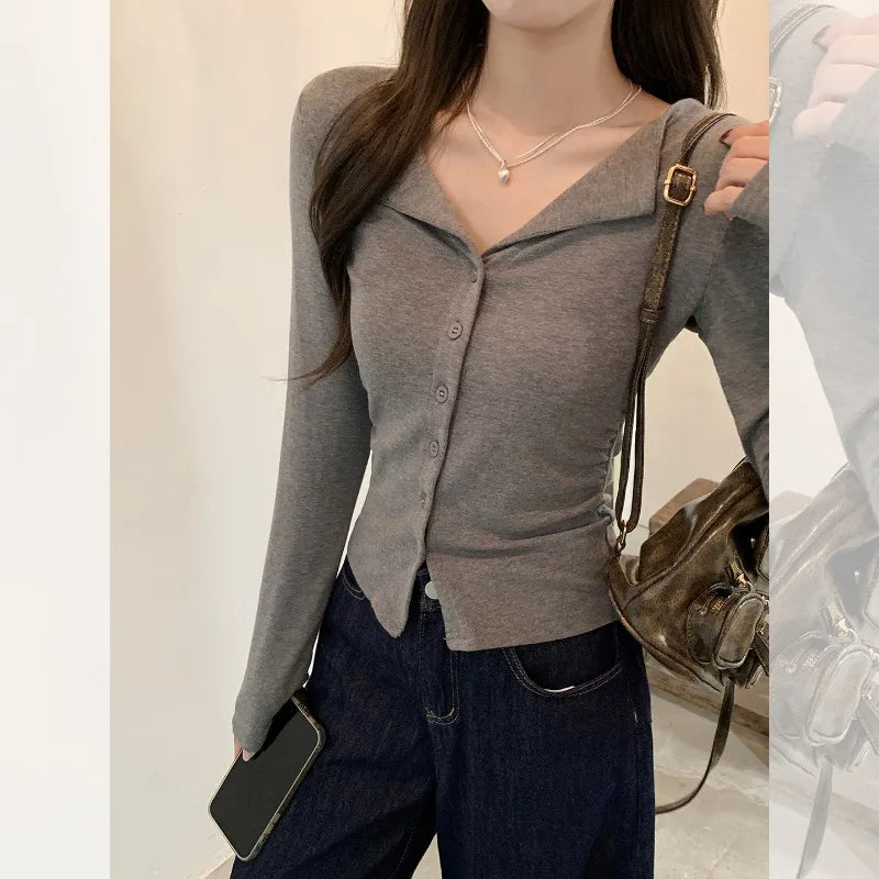 POLO Collar Long-sleeved T-shirt Button Cardigan for Women Korean Autumn Winter Wear Smocked Slim-fitting Bottoming Top