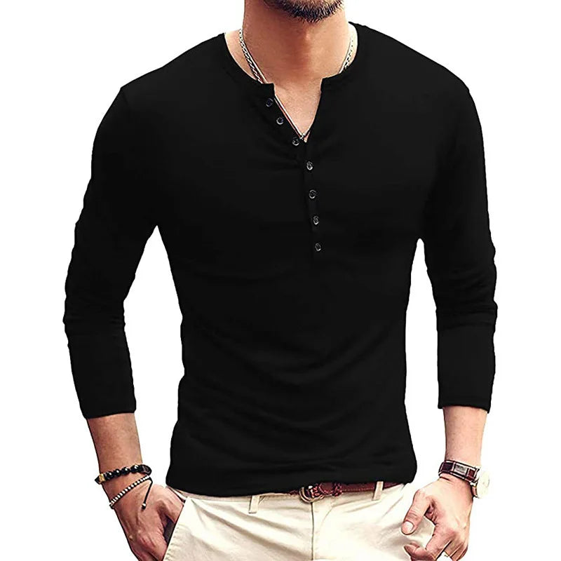 Men's POLO Shirt Casual Light Solid Color Button V-neck Slim-Fit Home Comfortable Long-Sleeved Pullover Base Tops