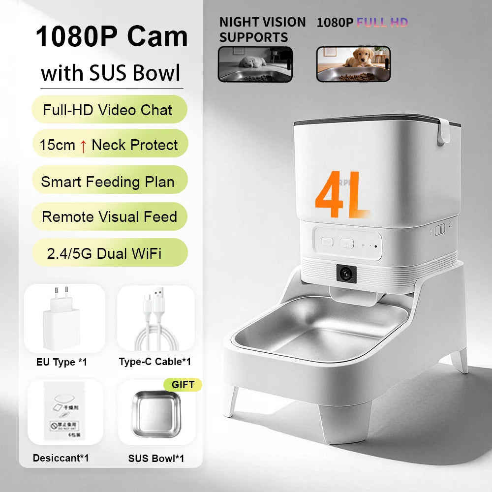 Smart Cat Feeder with 15CM Elevated Camera Tuya App Control for Busy Pet Owners FURPIPI Automatic Cats Dog Food Feeder Set