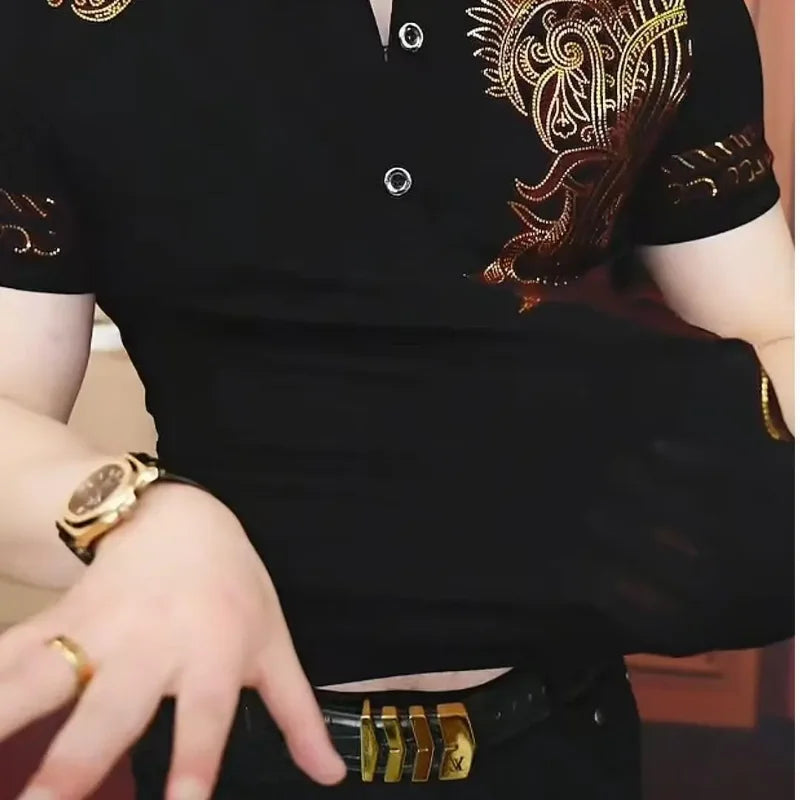 Men's Black Polo Shirt Short Sleeve Gold Paisley Embroidery Slim Fit Casual Top