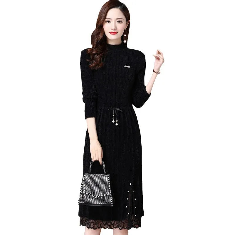 Knitted Dress Women's New Autumn Winter Style Temperament Knitted Over-the-knee Sweater Dress with Coat Trend