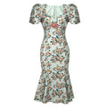 Retro French Style Long Dress for Women Sweet Rose Print Elastic Flowers Bubble Sleeve Fishtail Robe Femme Party Prom Vestidos