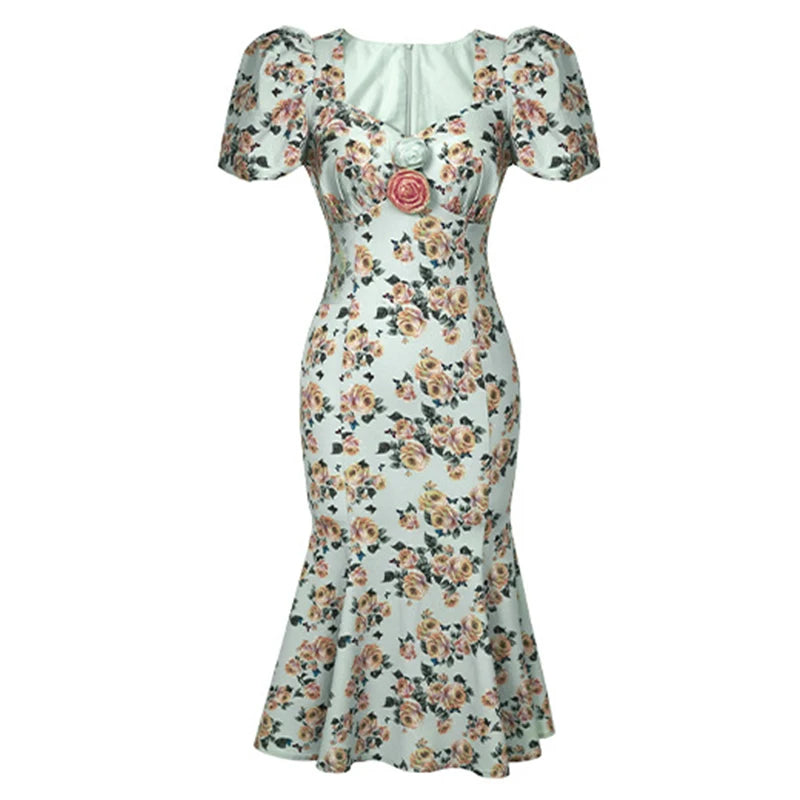 Retro French Style Long Dress for Women Sweet Rose Print Elastic Flowers Bubble Sleeve Fishtail Robe Femme Party Prom Vestidos