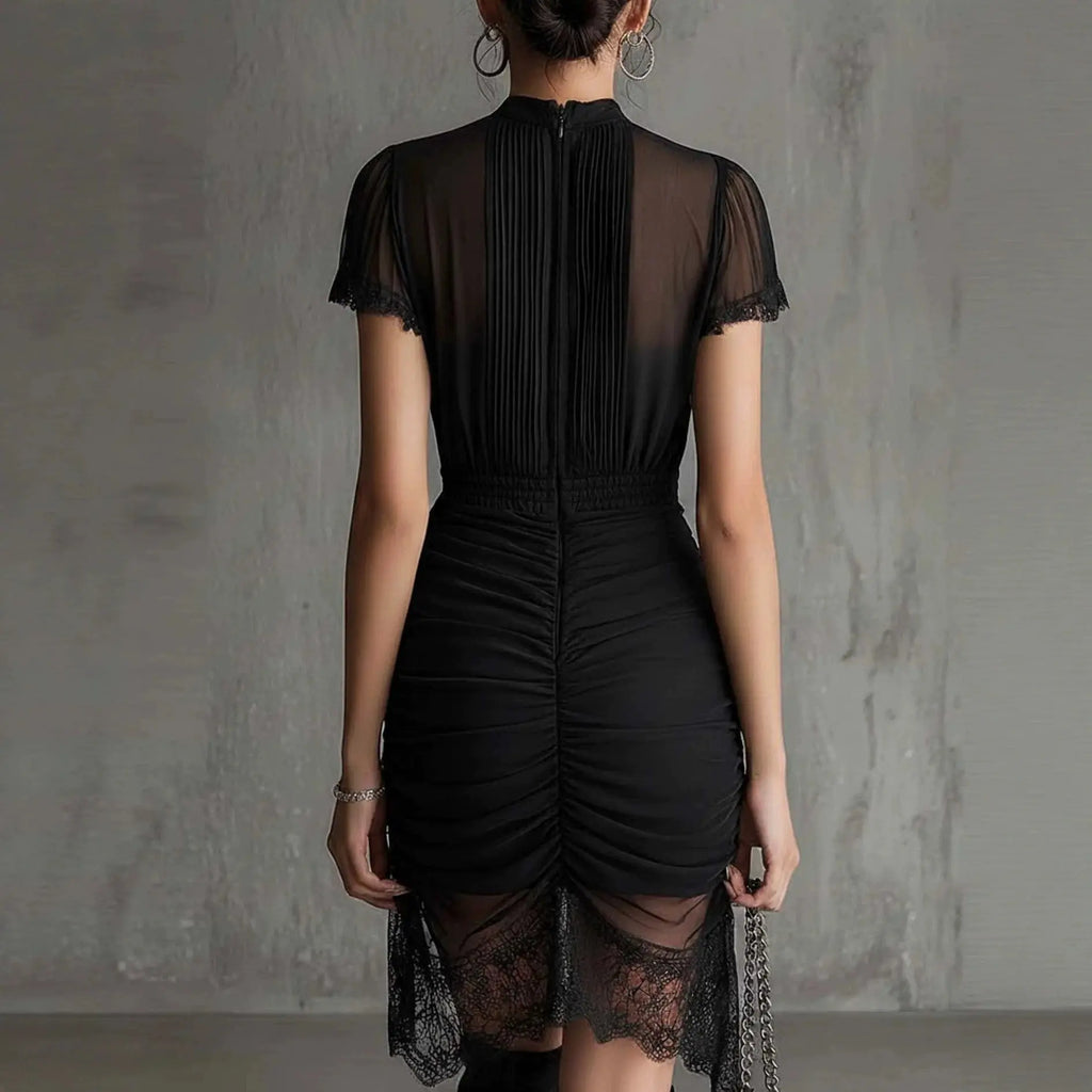 Women's Mini Dress Half High Collar Lace Trim Short Sleeve Drawstring Ruched Bodycon Dress Elegant Night Out Party Short Dress
