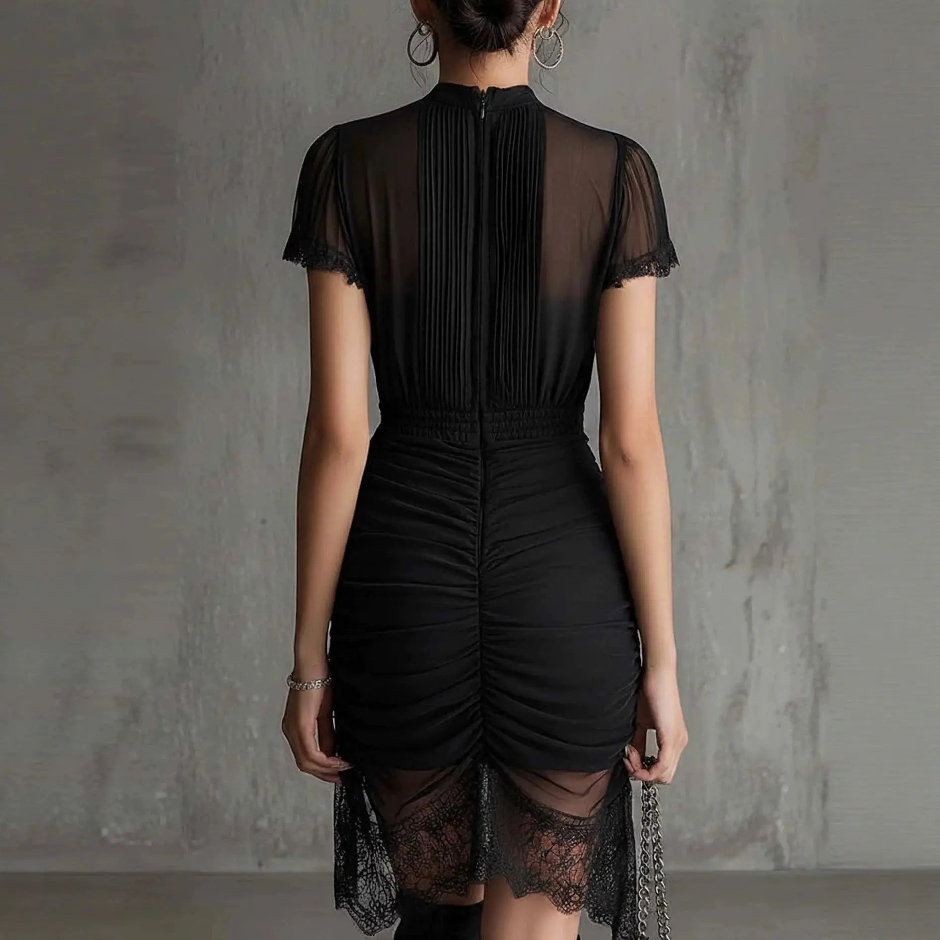 Women's Mini Dress Half High Collar Lace Trim Short Sleeve Drawstring Ruched Bodycon Dress Elegant Night Out Party Short Dress