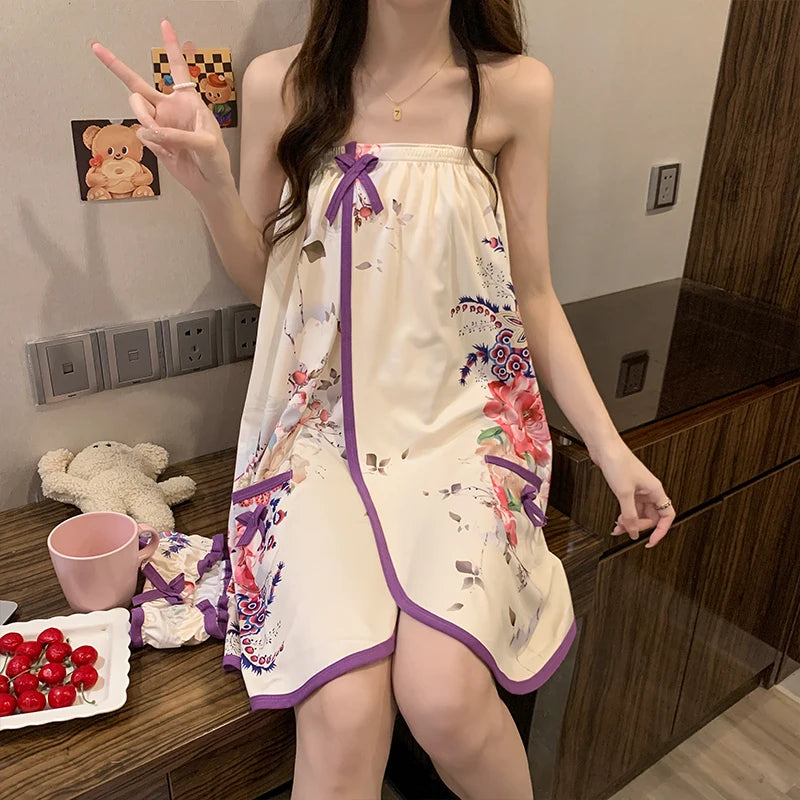 Black Rose Sexy Cotton Bathrobe Women's Chemise Nightgown Home Clothes with Headscarf Summer Thin Knitted Fabric Youth Size