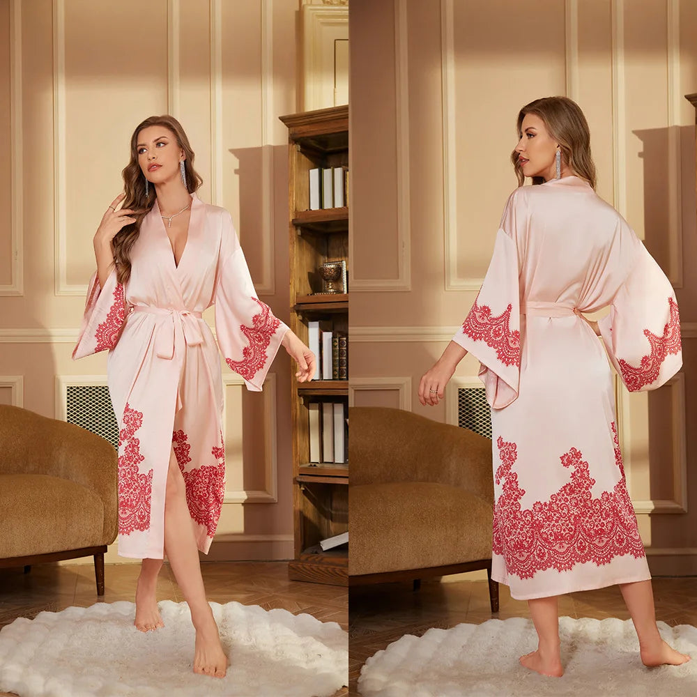New Pajamas Comfortable Single Robe Long-Sleeved Robe Bathrobe Women's High-Grade Satin Ice Silk Nightgown
