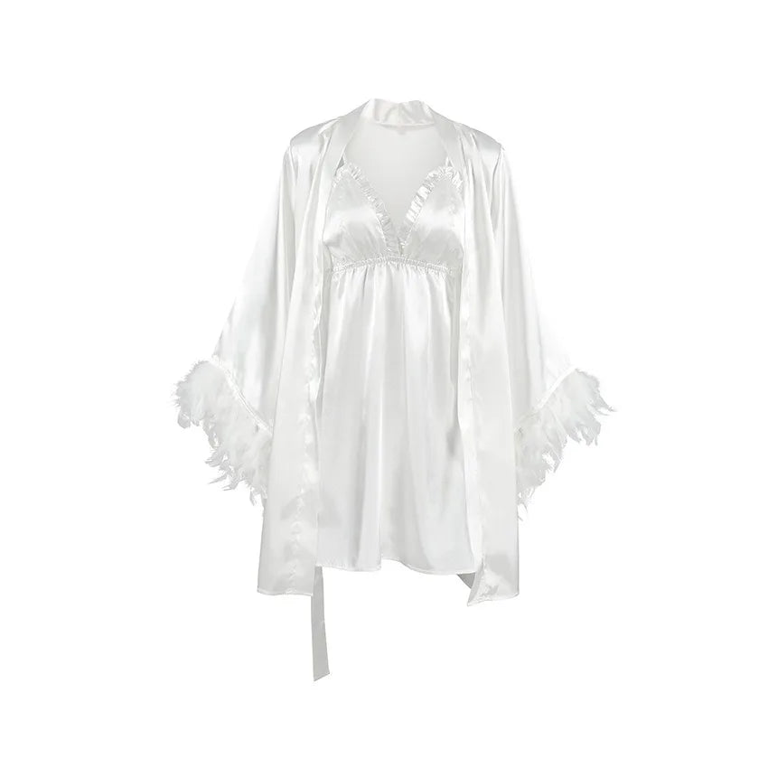 Wedding Bride Robe Morning Gown Elegant Feather Female Kimono Bathrobe Gown Sexy Rayon Summer New Sleepwear Nightwear Lingerie