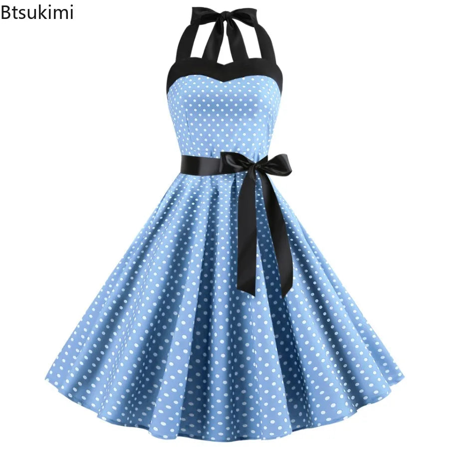 New Women's Polka Dot Print Summer Dress 50s 60s Pin Up Sexy Retro Hepburn Halter Dress Robe Femme Pin Up Rockabilly Party Dress