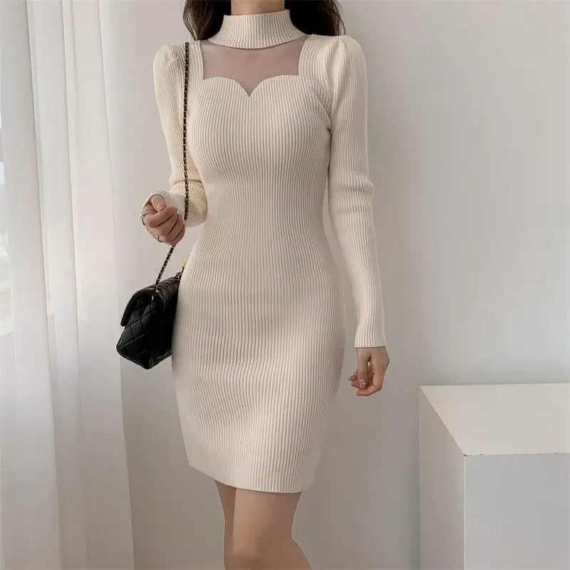 Elegant White Women'S Autumn Knitted Sweater Dresses Spliced Mesh Sheer Stand Collar Long Sleeve Waist A-Line Hip Dress Party