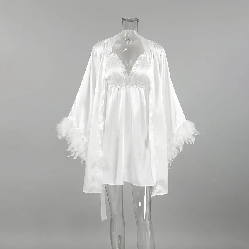 Wedding Bride Robe Morning Gown Elegant Feather Female Kimono Bathrobe Gown Sexy Rayon Summer New Sleepwear Nightwear Lingerie