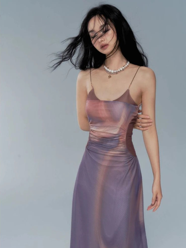 Maxi Dresses Womem Vintage Printing Trendy Summer Design Simple Folds Vestidos Elegant Sexy Ulzzang Ladies Streetwear Sleeveless