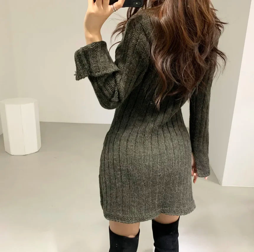 Sweater Dress for Women Long Sleeve Cable Knit Button Down Fitted Mini Dress Teen-girl Fall Winter Retro 90s Outfit