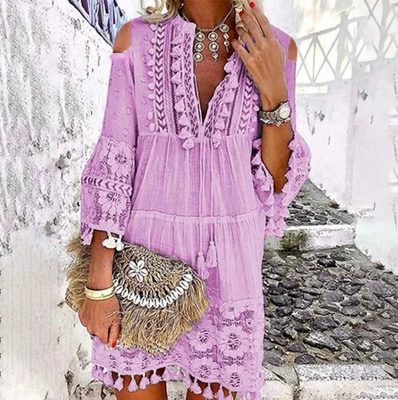 Women Mini Dress V Neck Full Sleeve Short Dress Lace Tassel Bohemian Style Loose Casual Plus Maxi Size Party Night Summer 2024