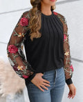 Elegant Floral Blouse] Long Sleeve Elegant Floral Print Chiffon Blouse with Lace Detail | Perfect for Spring/Summer | Floral Pri