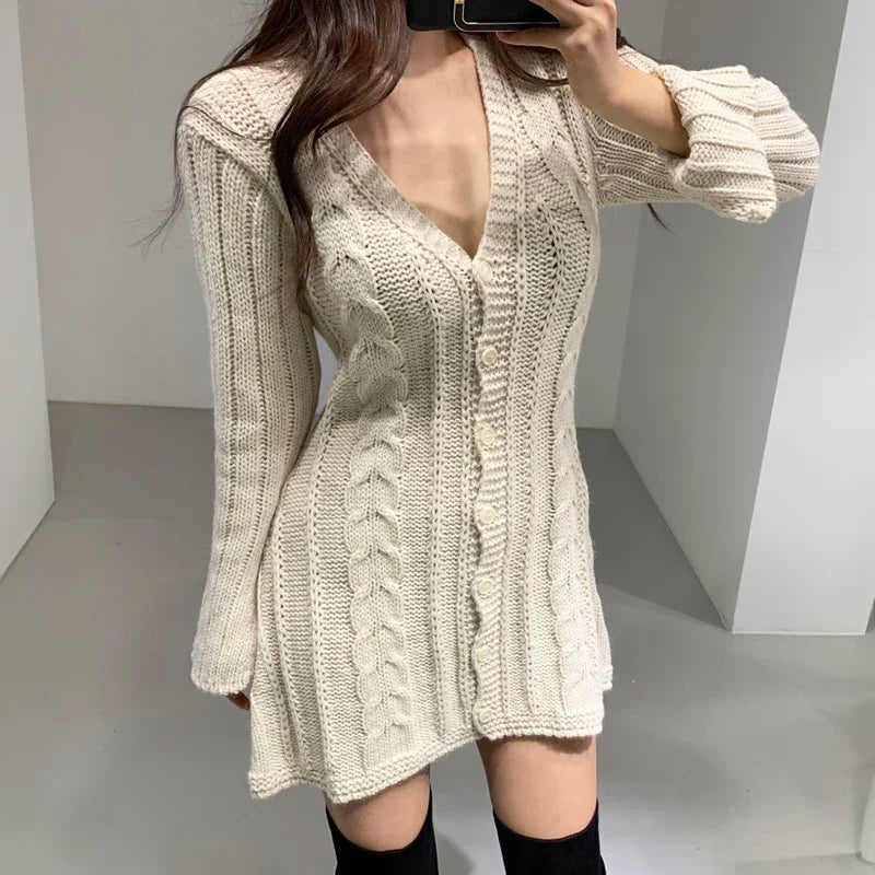 Sweater Dress for Women Long Sleeve Cable Knit Button Down Fitted Mini Dress Teen-girl Fall Winter Retro 90s Outfit