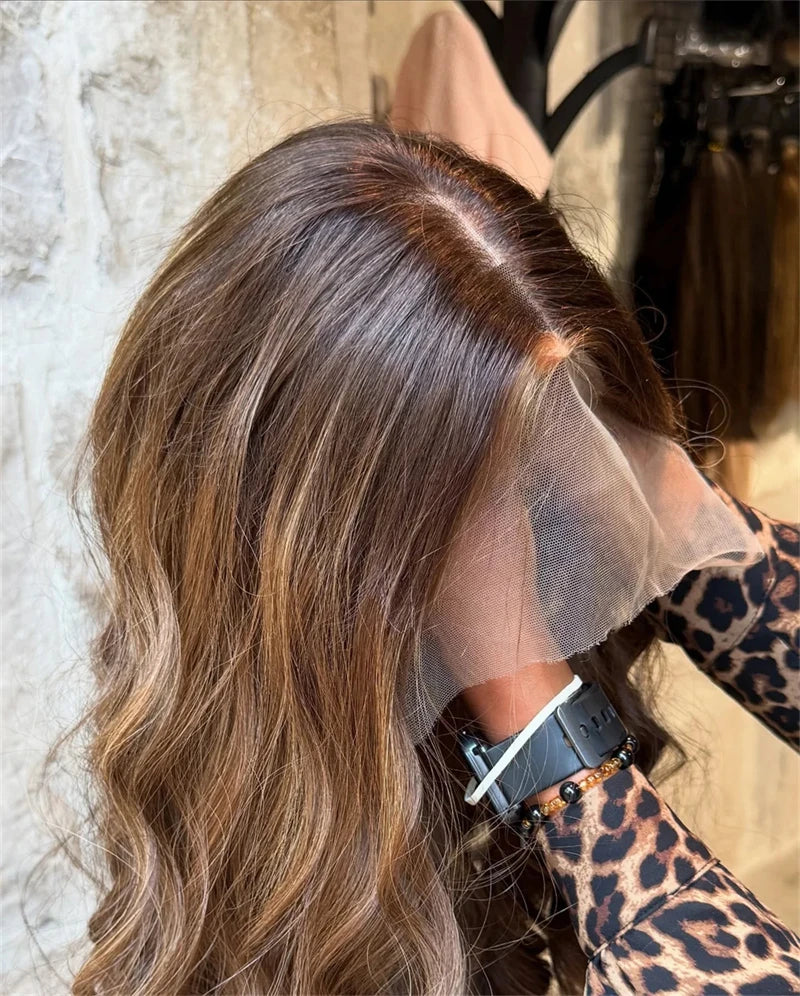 Luxury Women Glueless Lace Wig Natural Loose Wave Synthetic Wig Futura Soft Fibre Wigs Ash Brown with Blonde Highlights Wig Sale