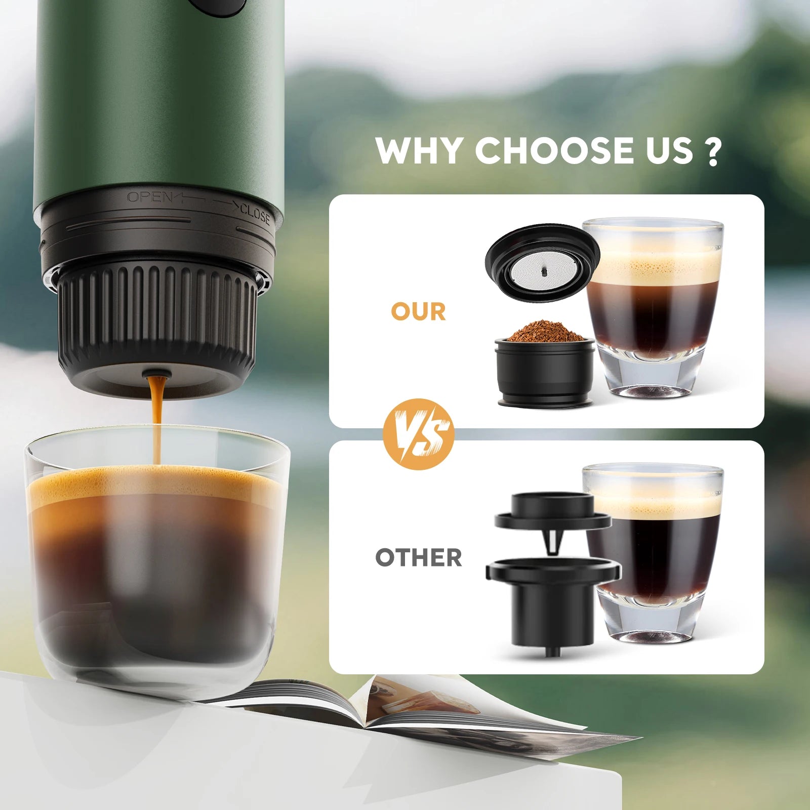 Portable 3-in-1 Espresso Machine, 200s Electric Heating, 30s Extraction, Makes 3-5 Cups, Travel Suitable